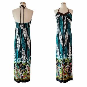 HEART SOUL Halter Maxi Dress Paisley Green Brown Wood Beads Neck Large EUC